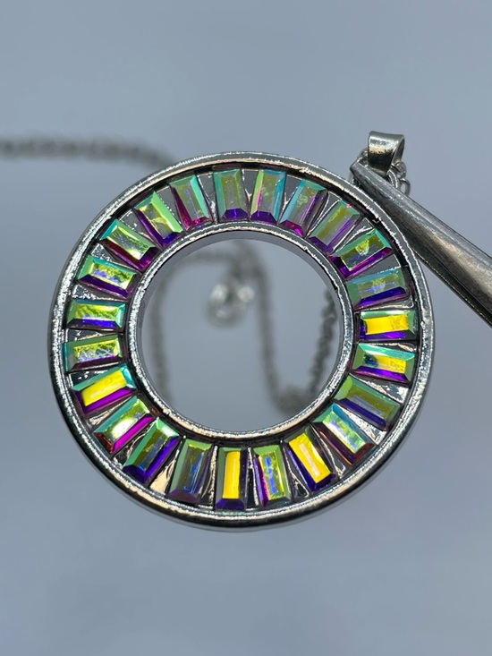 Silver Tone AB Crystal Circle Pendant Necklace Iridescent Baguette Halo - Picture 2 of 8